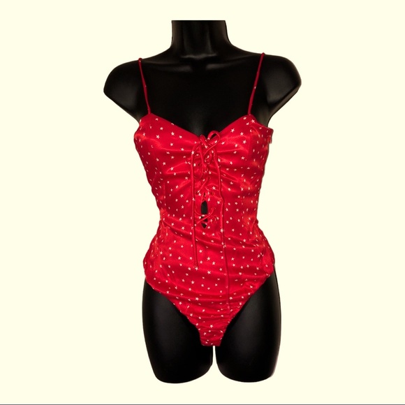 Zara red retro satin silk look stars lace-up spaghetti strap bodysuit size Large - Picture 1 of 14